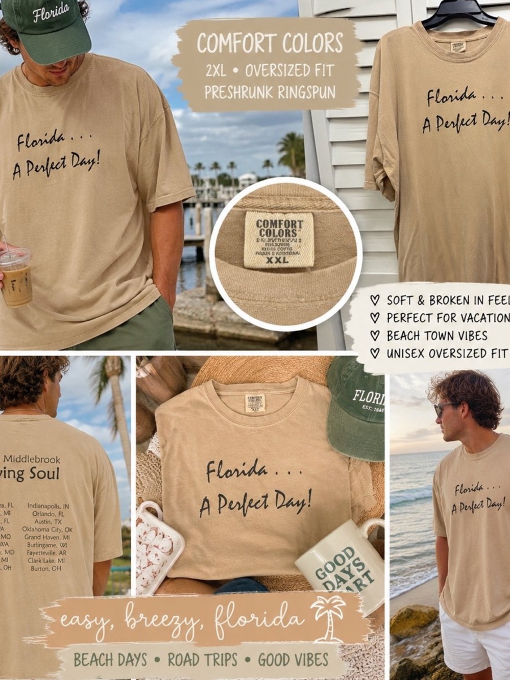 Comfort Colors Florida Shirt Mens 2XL Beige Oversized Beach Vacation Graphic Tee
